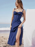 Suninheart Women's Summer Floral Print Dresses Sweet Elegant Midi Holiday Dress Casual Slit Blue Lace Up Dresses 2023