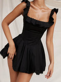 Suninheart Women Black A Line Dress Lovely Elegant Square Neck Holiday Party Dress Casual Sleeveless Summer Dress 2023